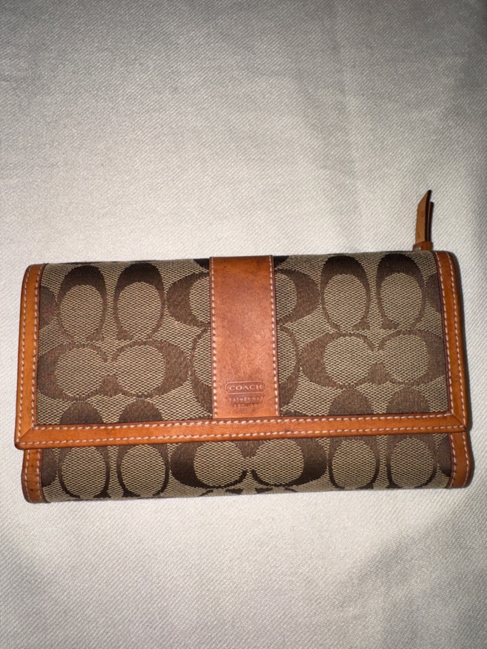 Coach Brown Signature Canvas Fold Wallet with Tan Leather Trim
